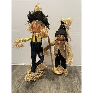 Two Scarecrow Figures Standing Fall‎ Seasonal Decor Straw Hat Plaid 14" Tall